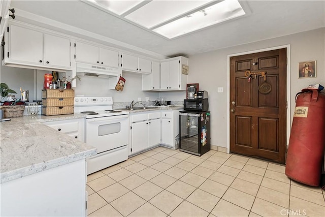 11485 Crafton, Mentone, CA 92359 - kitchen featuring white range with electric cooktop, under cabinet range hood, a sink, white cabinetry, and wine cooler
