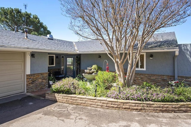 2406 Mcdougal Pl, Alpine, CA 91901 - doorway to property featuring stone siding, stucco siding, and a shingled roof