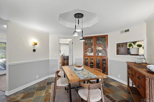 2406 Mcdougal Pl, Alpine, CA 91901 - dining room featuring stone tile floors, ornamental molding, and a raised ceiling