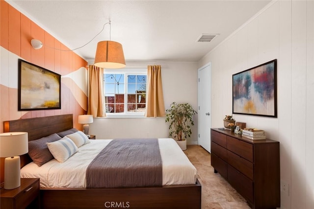 55850 Shannon Rd, Landers, CA 92285 - bedroom featuring wood walls and visible vents