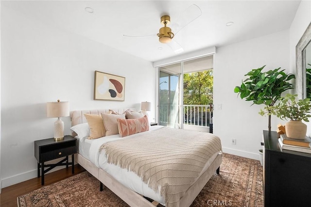 1400 N Sweetzer Ave Unit 102, West Hollywood, CA 90069 - bedroom featuring access to outside, baseboards, ceiling fan, and wood finished floors