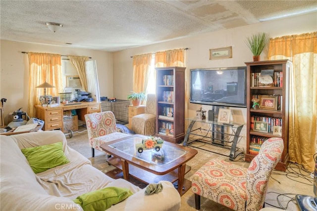 living area featuring a textured ceiling