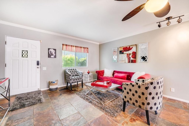 800 E Cottonwood Rd Unit 2, Palm Springs, CA 92262 - living room with stone tile floors, ornamental molding, baseboards, and a ceiling fan