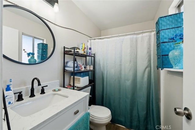 10616 Jamul Rd, Apple Valley, CA 92308 - bathroom featuring wood finished floors, vanity, a shower with shower curtain, and toilet