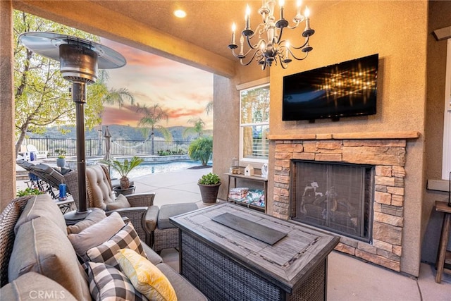 view of patio featuring an outdoor living space with a fireplace and fence