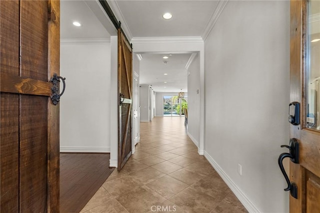 22514 Brightwood Pl, Saugus, CA 91350 - hallway with a barn door, recessed lighting, and crown molding