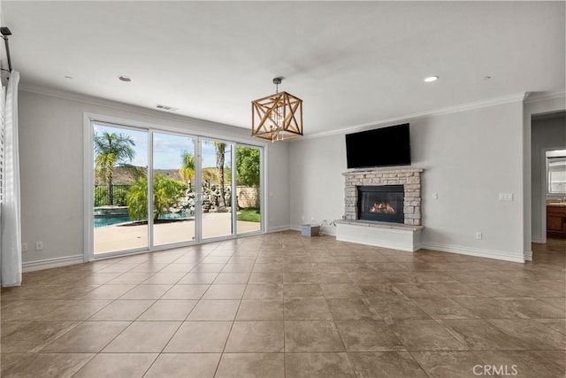 22514 Brightwood Pl, Saugus, CA 91350 - unfurnished living room with ornamental molding, a chandelier, a stone fireplace, and recessed lighting