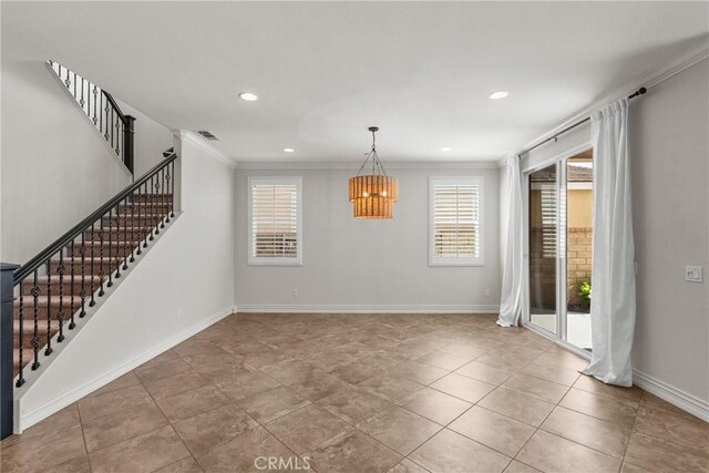 22514 Brightwood Pl, Saugus, CA 91350 - unfurnished dining area with plenty of natural light, stairway, crown molding, recessed lighting, and a chandelier