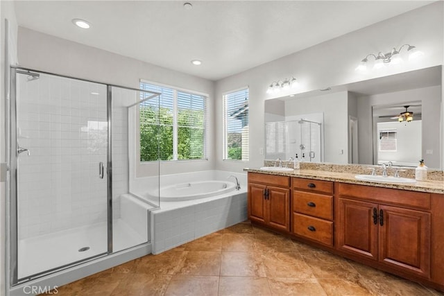 22514 Brightwood Pl, Saugus, CA 91350 - bathroom featuring a shower stall, double vanity, a bath, and ceiling fan