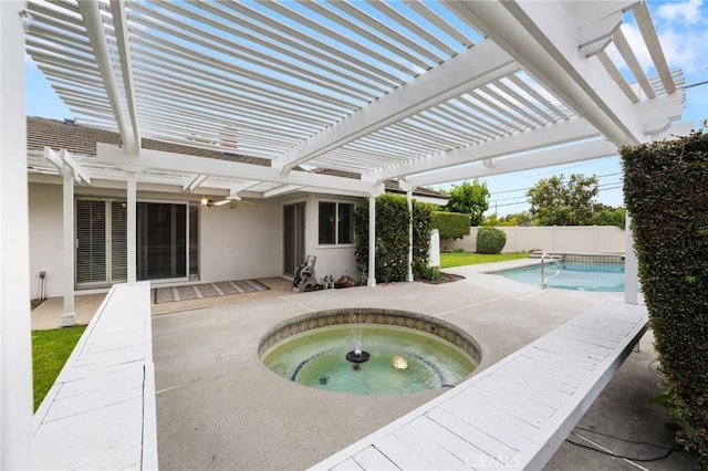 view of pool with a fenced in pool, a fenced backyard, a pergola, a patio area, and an in ground hot tub
