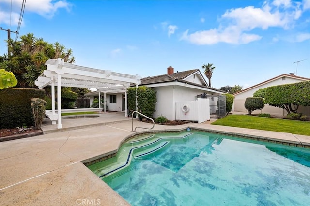 view of swimming pool with fence, a pergola, a fenced in pool, and a patio area