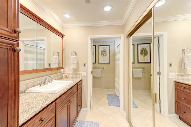 bathroom featuring visible vents, a shower with curtain, vanity, and crown molding