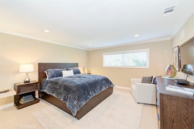 bedroom featuring light carpet, crown molding, visible vents, and baseboards