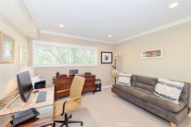 carpeted office space featuring a healthy amount of sunlight, crown molding, and recessed lighting