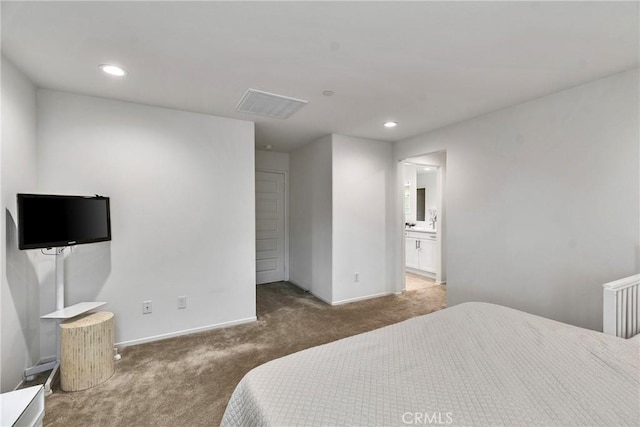 bedroom with baseboards, carpet flooring, visible vents, and recessed lighting