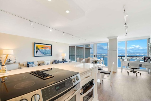 kitchen with wood finished floors, expansive windows, open floor plan, track lighting, and stainless steel appliances