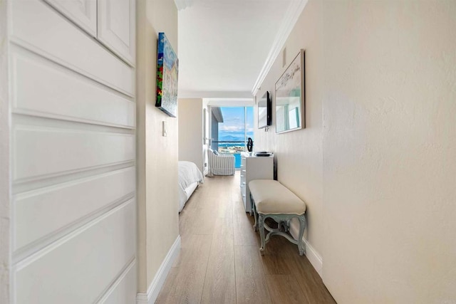 corridor with baseboards, crown molding, and light wood-type flooring