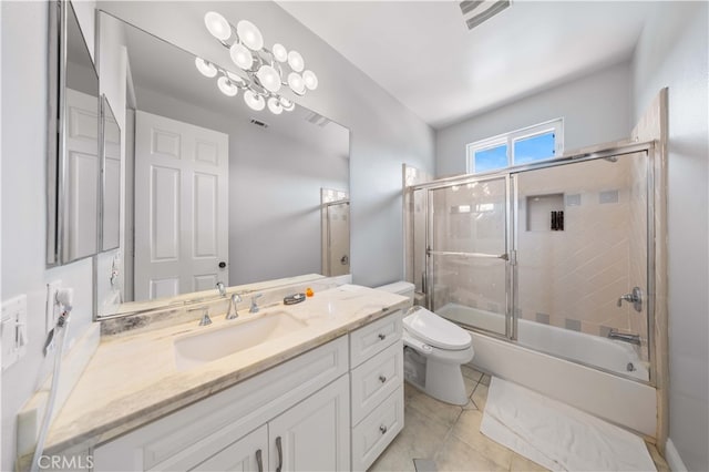 24288 Highcrest Dr, Diamond Bar, CA 91765 - bathroom featuring shower / bath combination with glass door, toilet, visible vents, tile patterned flooring, and vanity