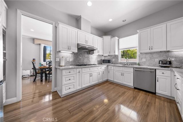 24288 Highcrest Dr, Diamond Bar, CA 91765 - kitchen featuring white cabinets, appliances with stainless steel finishes, under cabinet range hood, and a sink