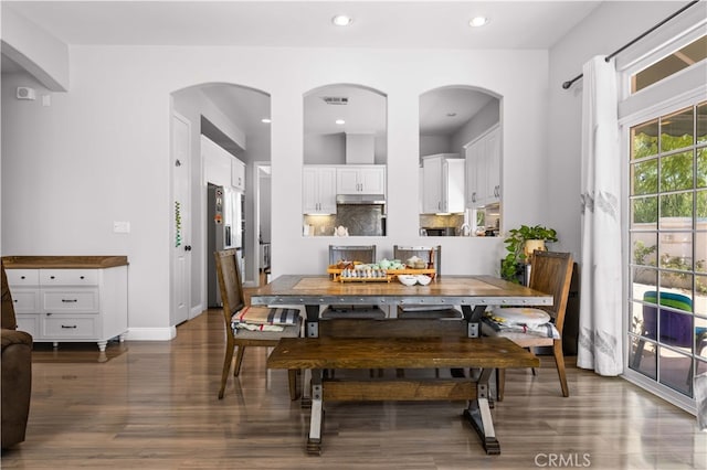 24288 Highcrest Dr, Diamond Bar, CA 91765 - dining room with baseboards, dark wood-type flooring, visible vents, and recessed lighting