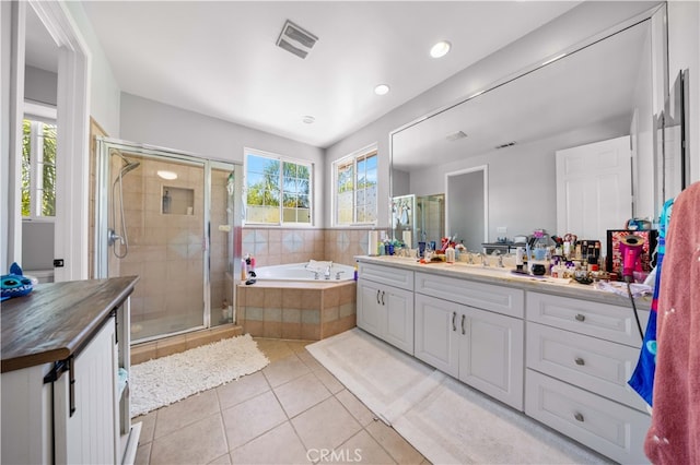 24288 Highcrest Dr, Diamond Bar, CA 91765 - bathroom with a shower stall, visible vents, tile patterned flooring, and vanity