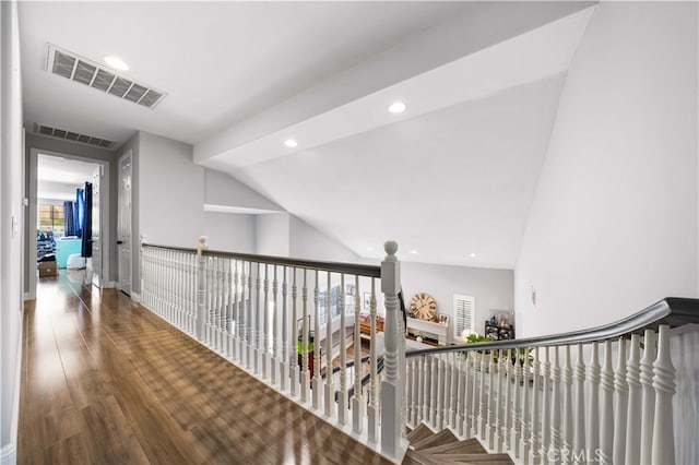 24288 Highcrest Dr, Diamond Bar, CA 91765 - hallway with recessed lighting, wood finished floors, visible vents, and an upstairs landing