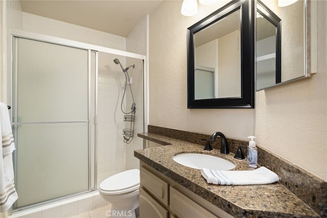 46375 Ryway Pl Unit 2, Palm Desert, CA 92260 - bathroom with vanity, toilet, a textured wall, and a stall shower