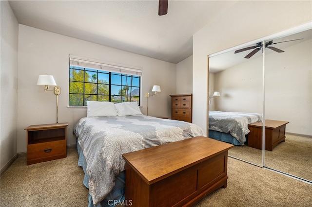 46375 Ryway Pl Unit 2, Palm Desert, CA 92260 - carpeted bedroom featuring ceiling fan, vaulted ceiling, baseboards, and a closet