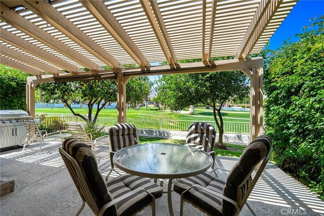 46375 Ryway Pl Unit 2, Palm Desert, CA 92260 - view of patio featuring a fenced backyard, a pergola, outdoor dining area, and a grill