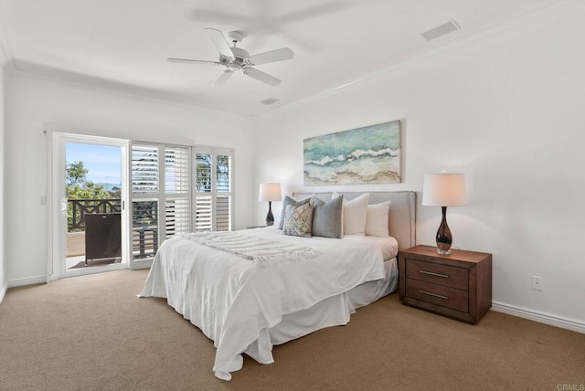 bedroom with access to exterior, light carpet, crown molding, baseboards, and ceiling fan