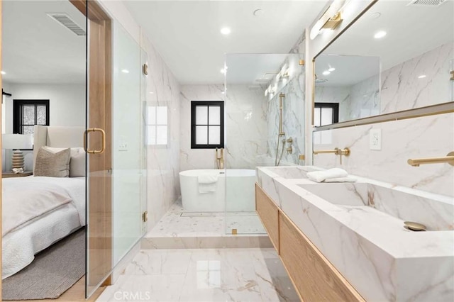 ensuite bathroom featuring visible vents, marble finish floor, ensuite bath, and a marble finish shower