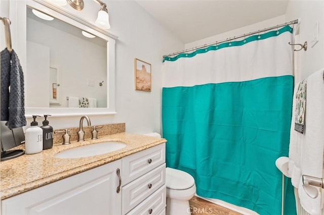 full bathroom featuring toilet, vanity, and a shower with curtain
