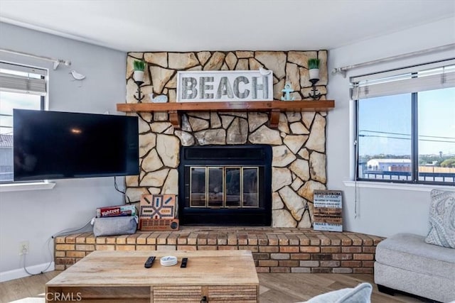 living room with a fireplace and wood finished floors
