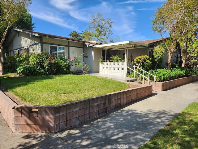 single story home with a front lawn and stucco siding