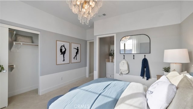 302 Fawn St, Rancho Mission Viejo, CA 92694 - bedroom with baseboards, visible vents, an inviting chandelier, light colored carpet, and a closet