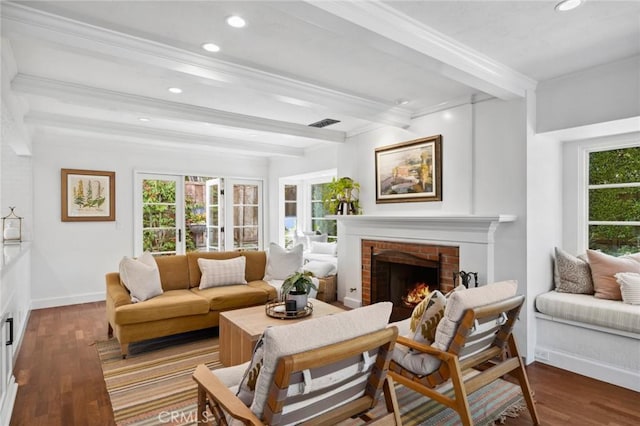 1981 Port Dunleigh Cir, Newport Beach, CA 92660 - living room with beamed ceiling, a wealth of natural light, a fireplace, and ornamental molding