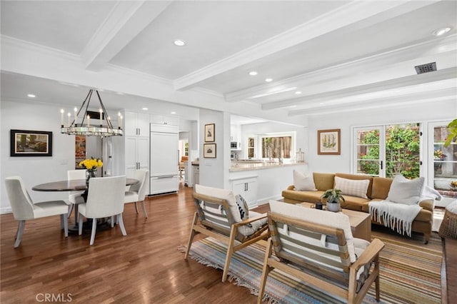 1981 Port Dunleigh Cir, Newport Beach, CA 92660 - living area featuring dark wood-style flooring, visible vents, recessed lighting, beamed ceiling, and crown molding