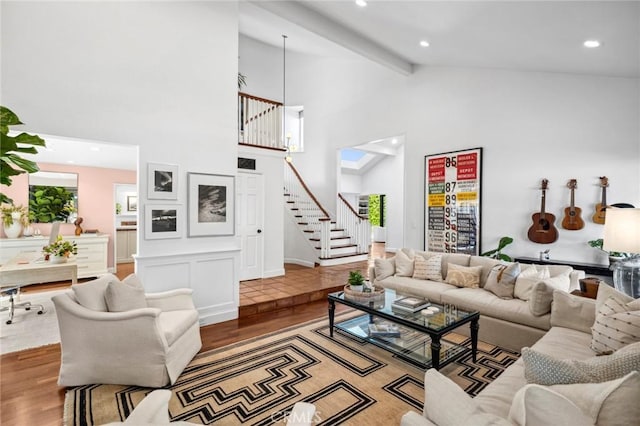 1981 Port Dunleigh Cir, Newport Beach, CA 92660 - living area with recessed lighting, wood finished floors, stairs, beamed ceiling, and high vaulted ceiling