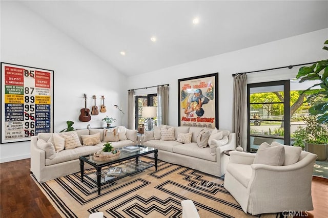 1981 Port Dunleigh Cir, Newport Beach, CA 92660 - living area featuring wood finished floors, recessed lighting, and high vaulted ceiling