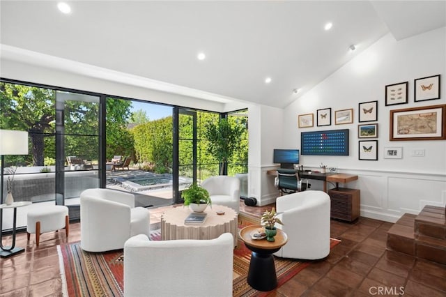 1981 Port Dunleigh Cir, Newport Beach, CA 92660 - living room with recessed lighting, a decorative wall, a wainscoted wall, and high vaulted ceiling