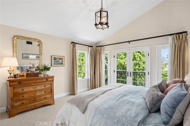 1981 Port Dunleigh Cir, Newport Beach, CA 92660 - bedroom featuring vaulted ceiling, light carpet, french doors, baseboards, and access to outside