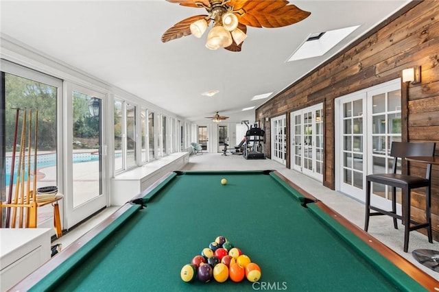 game room featuring carpet, billiards, ceiling fan, and french doors