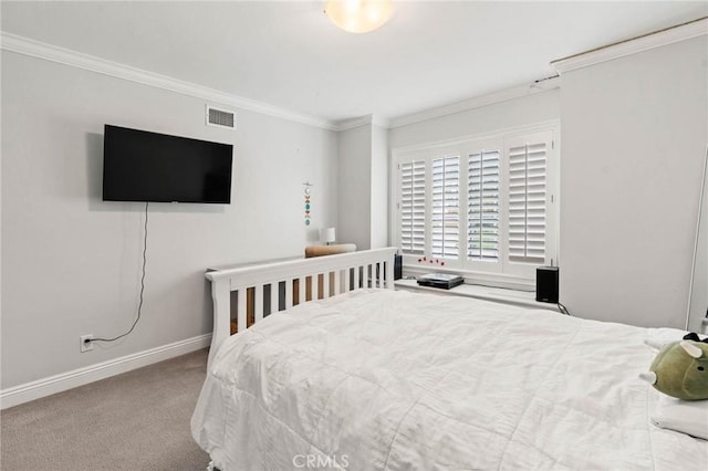 bedroom featuring carpet floors, baseboards, crown molding, and visible vents