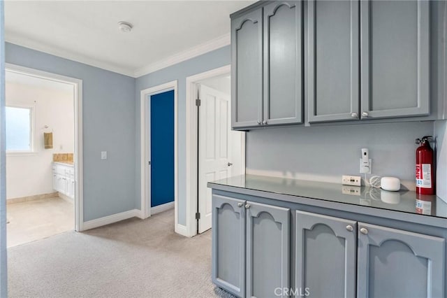interior space featuring light carpet, crown molding, and baseboards
