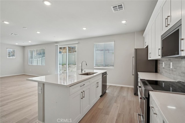 2070 Zest St, Redlands, CA 92374 - kitchen with stainless steel appliances, a sink, a kitchen island with sink, light wood finished floors, and decorative backsplash