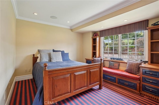 bedroom featuring recessed lighting, ornamental molding, and carpet