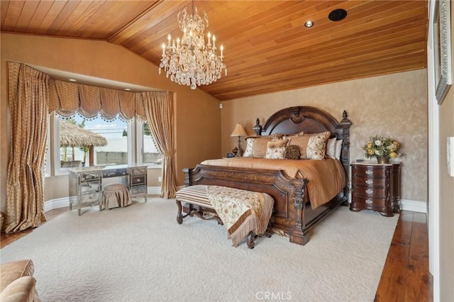 bedroom with vaulted ceiling, baseboards, a notable chandelier, wood finished floors, and wooden ceiling