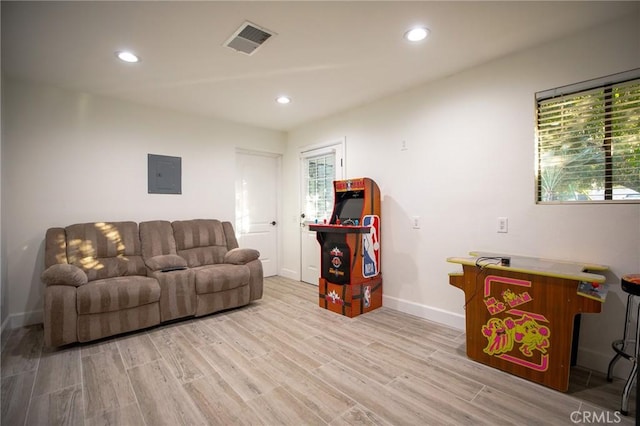 73640 Joshua Tree St, Palm Desert, CA 92260 - living area with electric panel, light wood finished floors, baseboards, visible vents, and recessed lighting