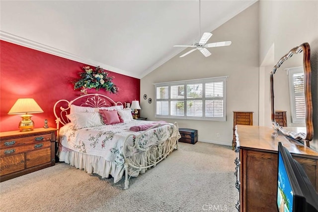 carpeted bedroom featuring a ceiling fan, high vaulted ceiling, crown molding, and baseboards