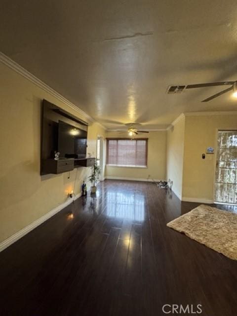 1301 E 106th St, Los Angeles, CA 90002 - unfurnished living room with a ceiling fan, ornamental molding, baseboards, and wood finished floors